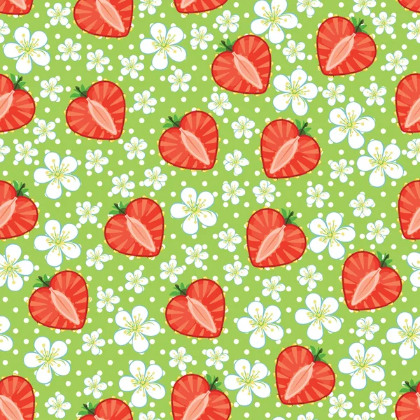 イチゴの花、心臓のシームレスなパターンの水玉 — ストックベクタ