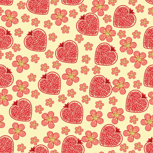 Corazón de fruta de granada y flores.Patrón sin costura — Vector de stock