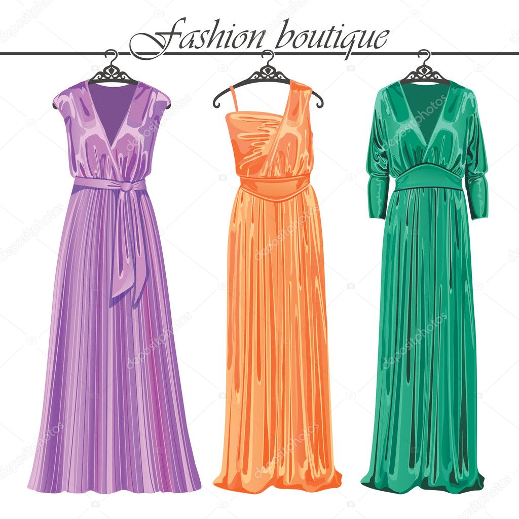 Three long silk party dresses on a hanger.Fashion boutique