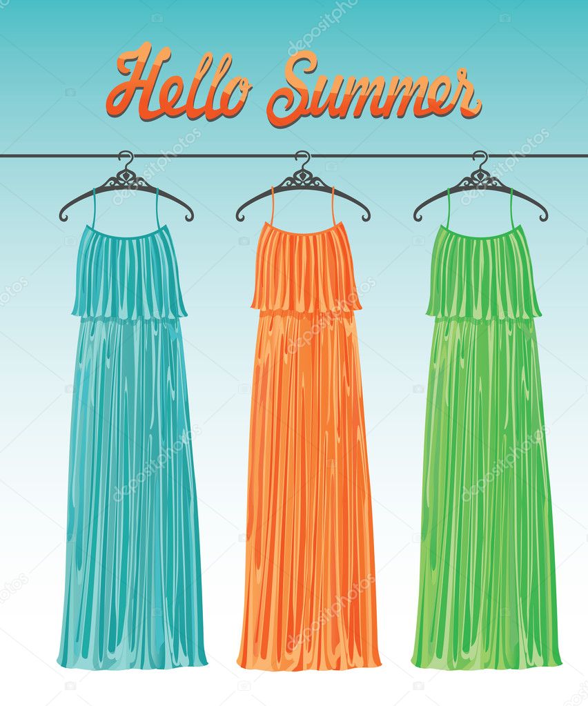 Three long summer party dresses on a hanger.Fashion boutique