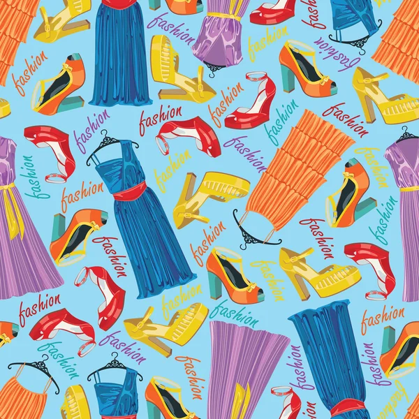 Multicolor modieuze jurken, open schoenen in naadloze patroon — Stockvector