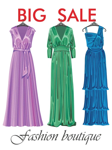 Three silk party dresses.Sale — Stock Vector