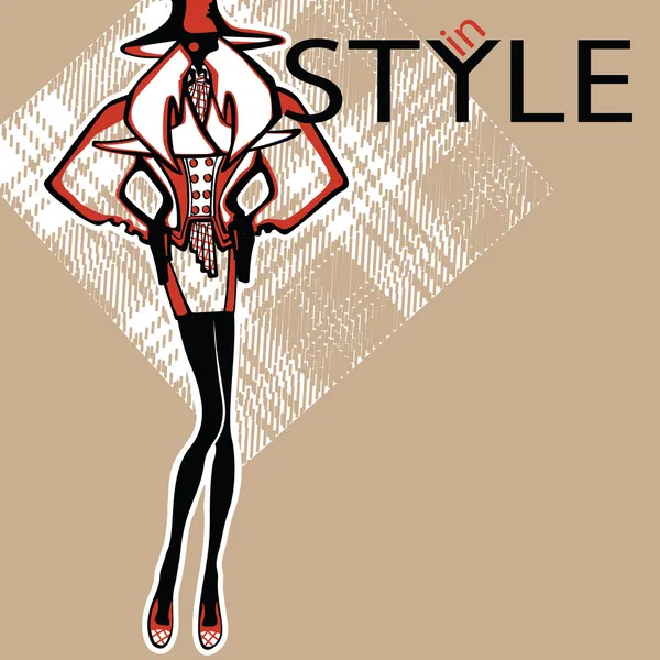 Ilustración de moda.Mujer de moda en fondo tartán — Foto de Stock