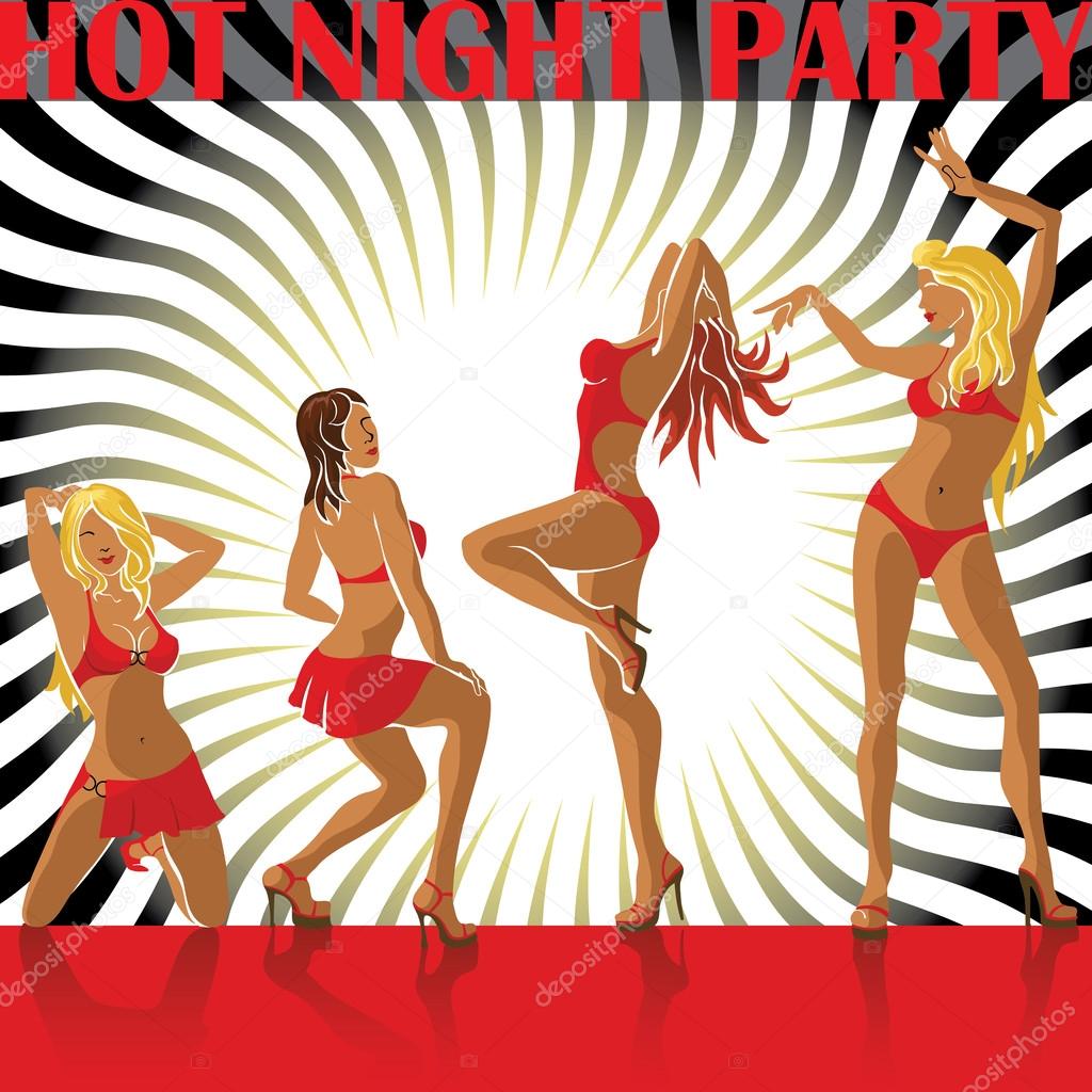Several dancing female.Hot night party