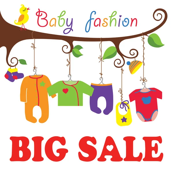 Babybekleidung hängt am Baum.Großer Verkauf — Stockvektor