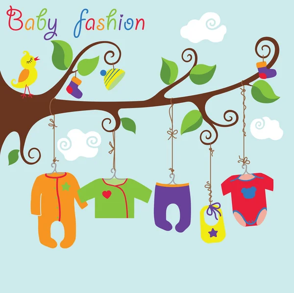 Ropa nacida del bebé que cuelga en el árbol. Moda del bebé de Gartoon — Vector de stock