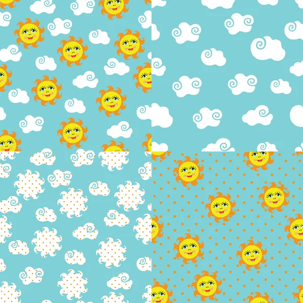 Set simple seamless patterns with sun, sky, clouds, polka dot — стоковый вектор