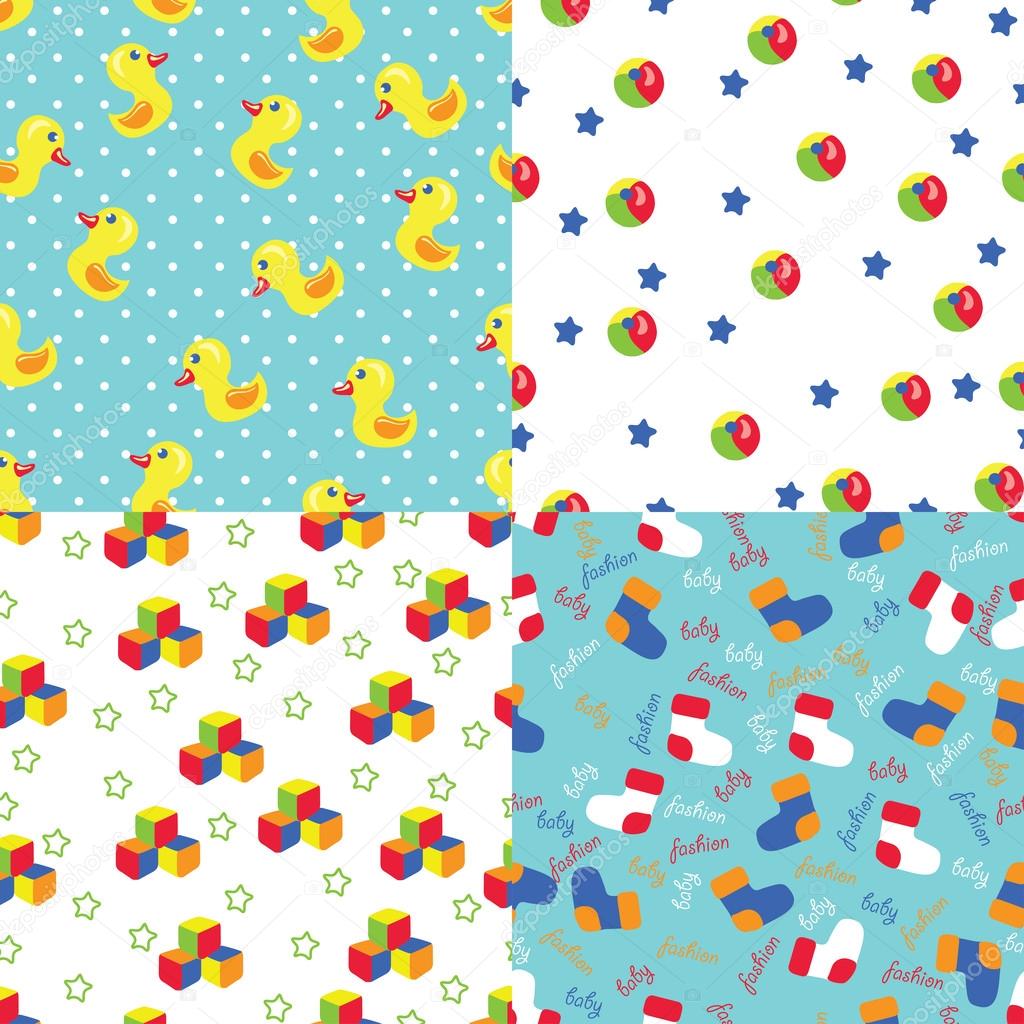 Simple seamless pattern of toys,polka dot,socks,stars