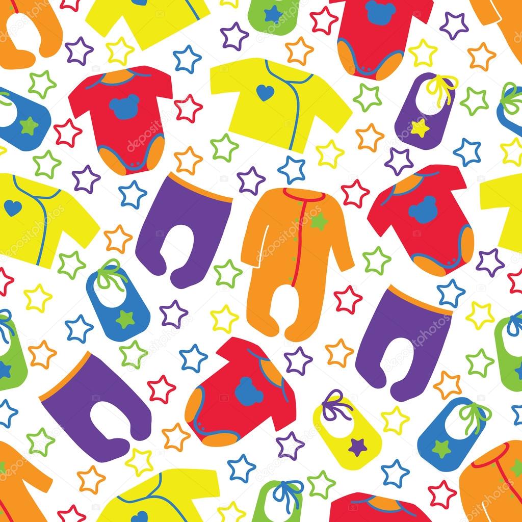 Colorful clothes for newborn baby seamless pattern with stars.