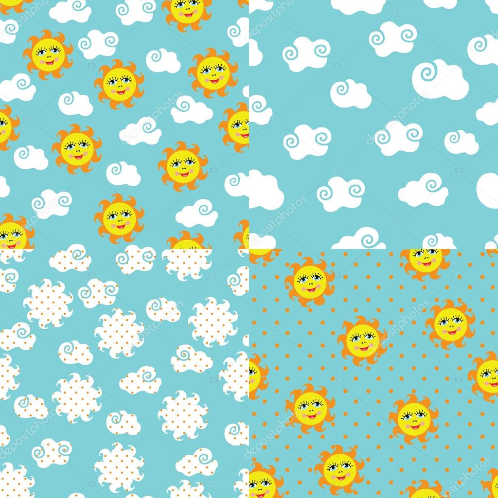 Set simple seamless patterns with sun,sky,clouds,polka dot
