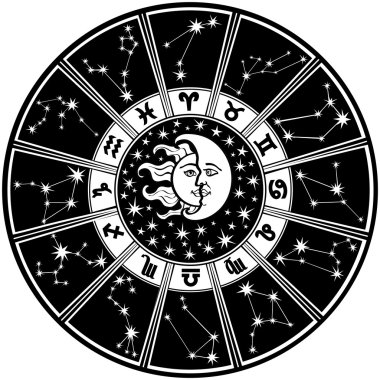 Zodyak işareti ve constellations.horoscope circle.black ve beyaz