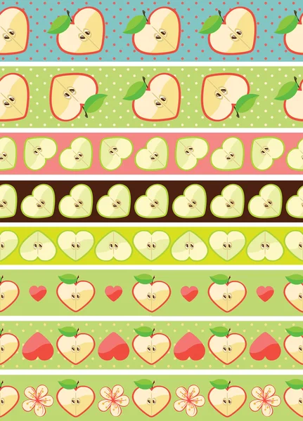 Set of seamless boarders of Apple,hearts and flowers — Stock Vector