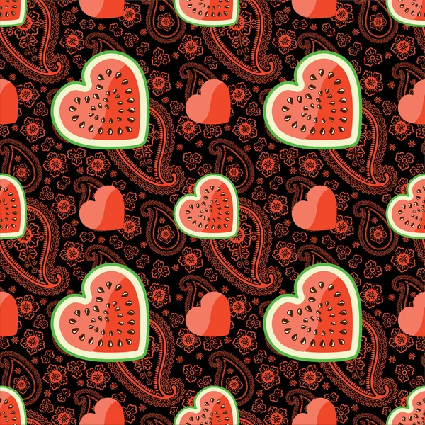 Watermelon, hearts and Paisley in seamless pattern — Stock Vector