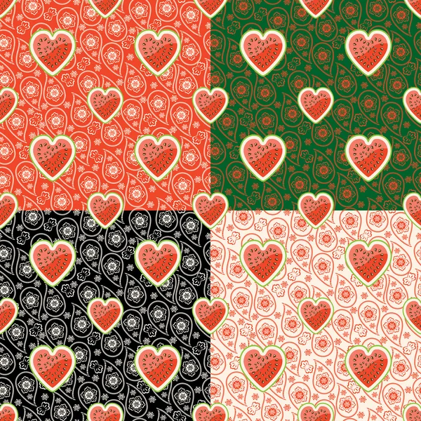 Halbiert Wassermelone und Paisley ornament.seamless pattern set — Stockvektor