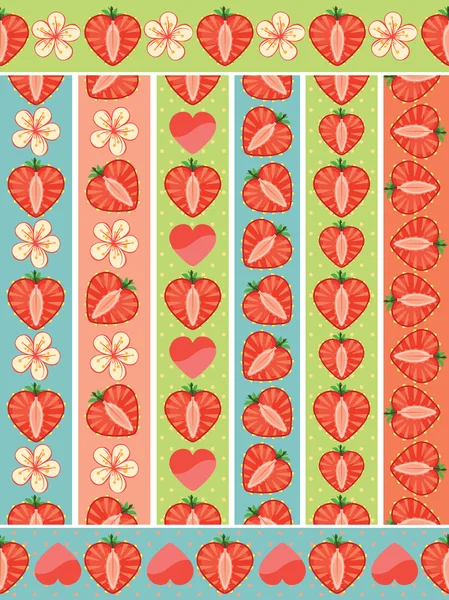 Set of seamless boarders of Strawberry,hearts and flowers — Stock Vector