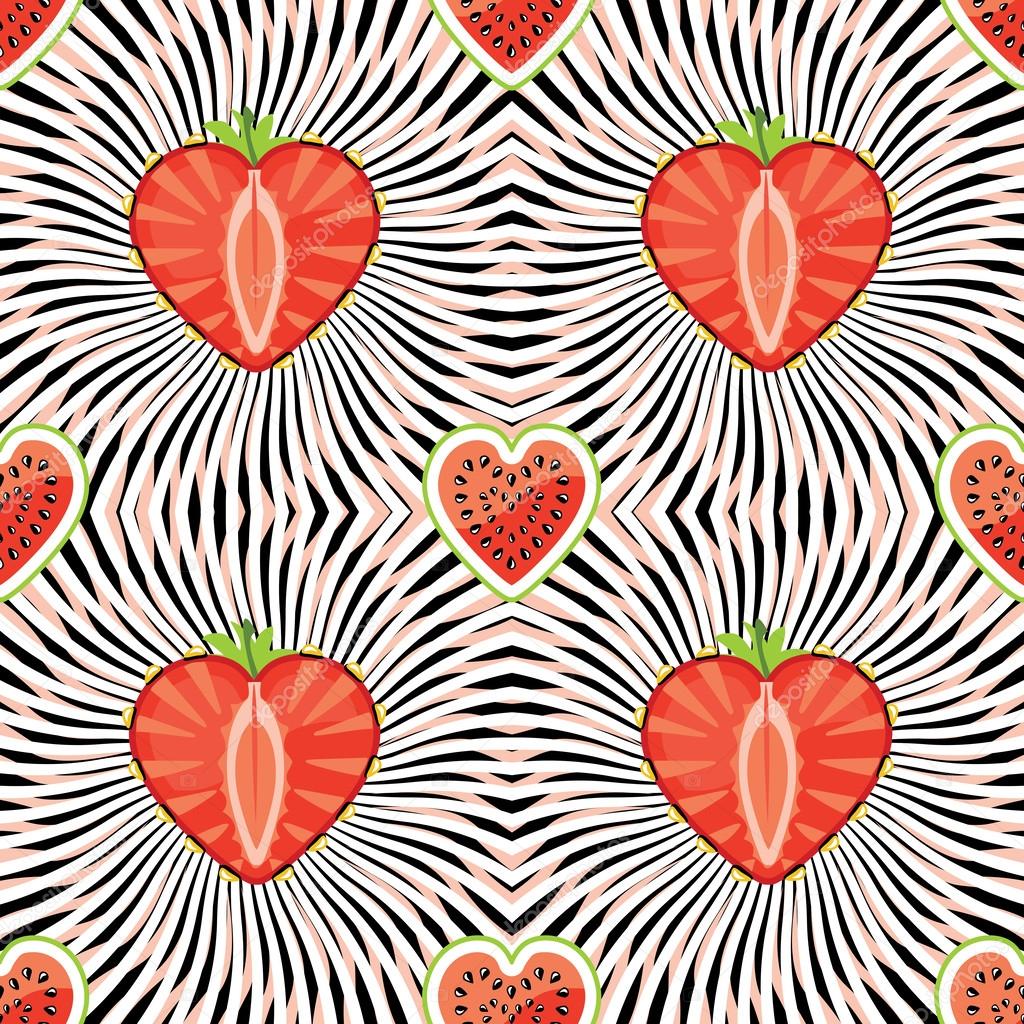 Halves watermelon and strawberry on abstract background.Seamless