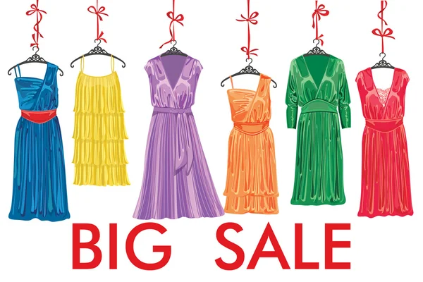 Colorido vestido de cóctel de moda cuelgan en la venta ribbon.Big — Archivo Imágenes Vectoriales