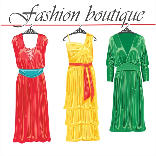 Three summer silk dresses.Fashion boutique — Stock Vector