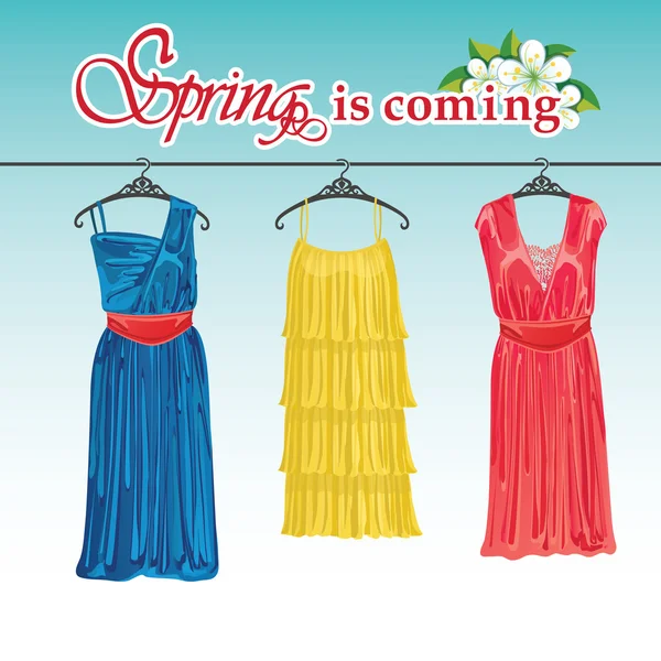 Três vestidos de coquetel de primavera em um hanger.Spring moda —  Vetores de Stock