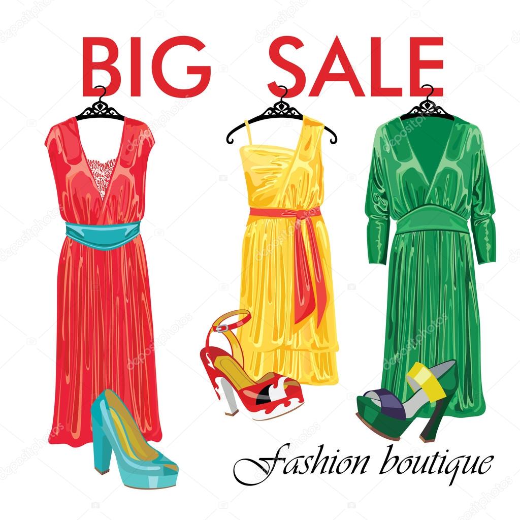 Three silk dresses and open shoes.Fashion boutique sale