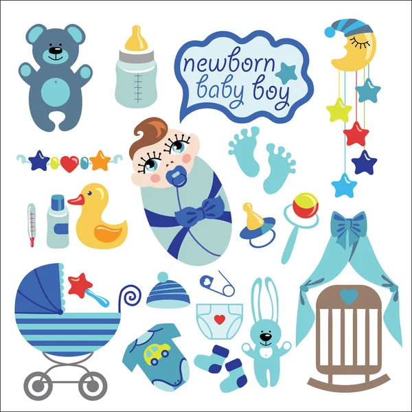 Elementos bonitos para o menino recém-nascido —  Vetores de Stock