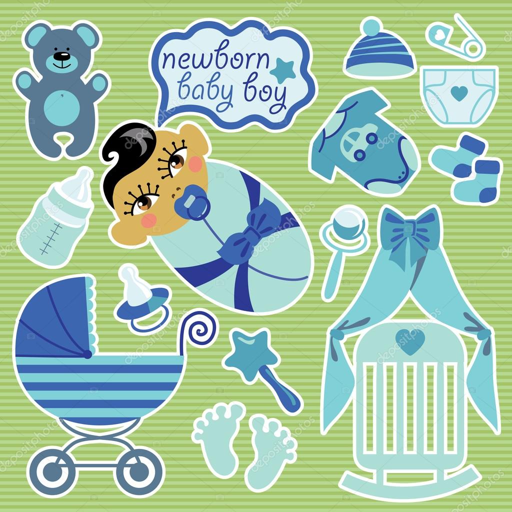 Cute elements for Asian newborn baby boy.Strips background.