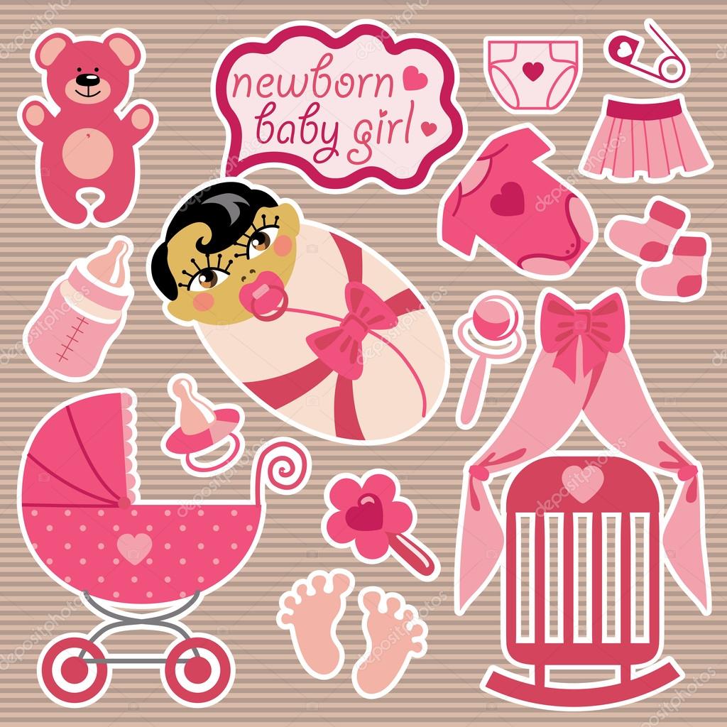 Cute elements for Asian newborn baby girl.Strips background.