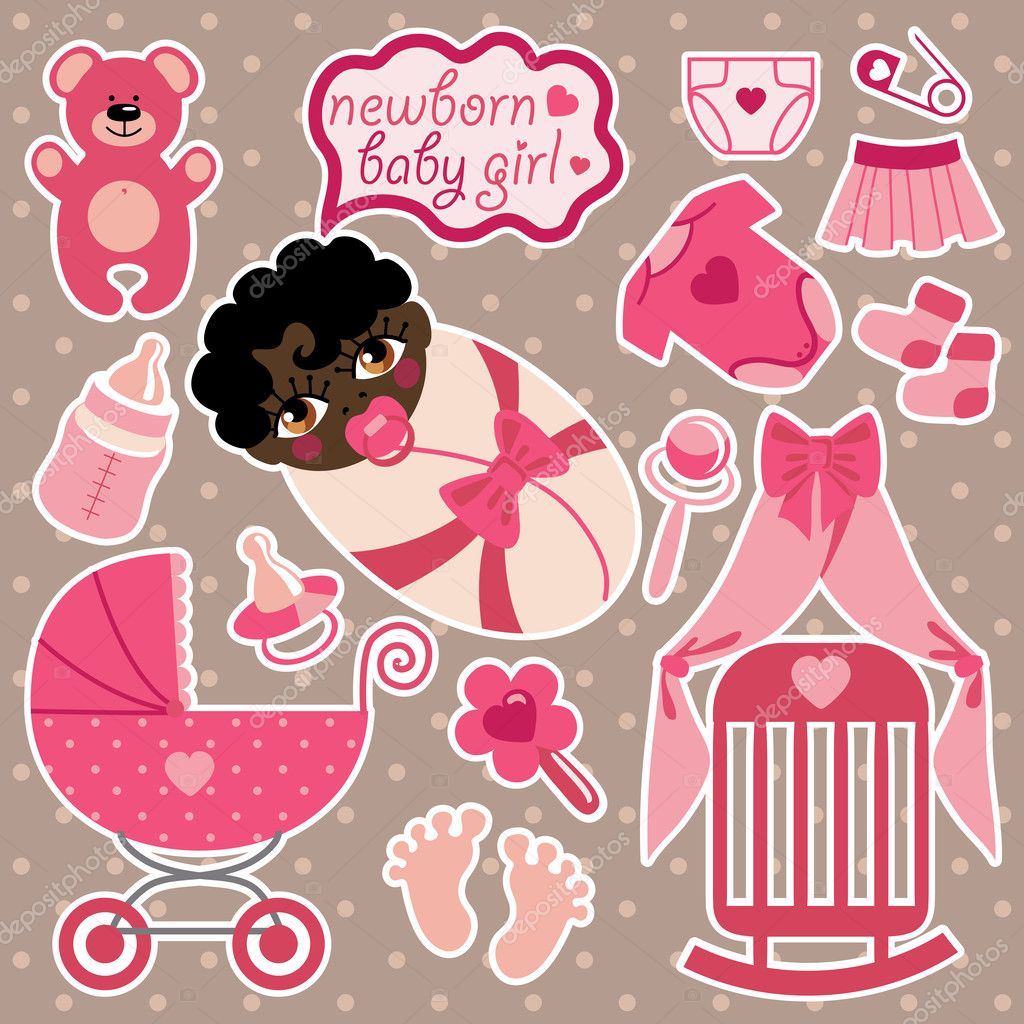 Cute elements for mulatto newborn baby girl.Polka dot background