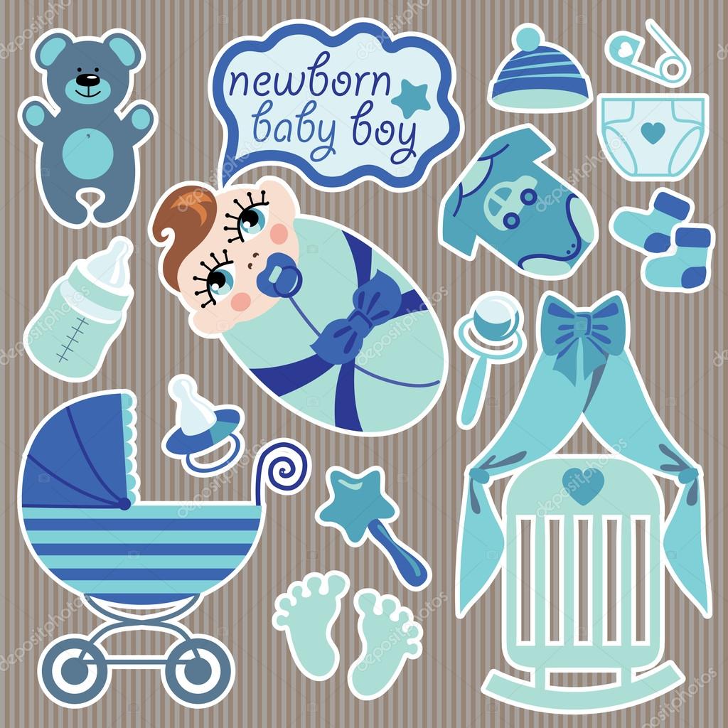 Cute elements for European newborn baby boy.Strips background.