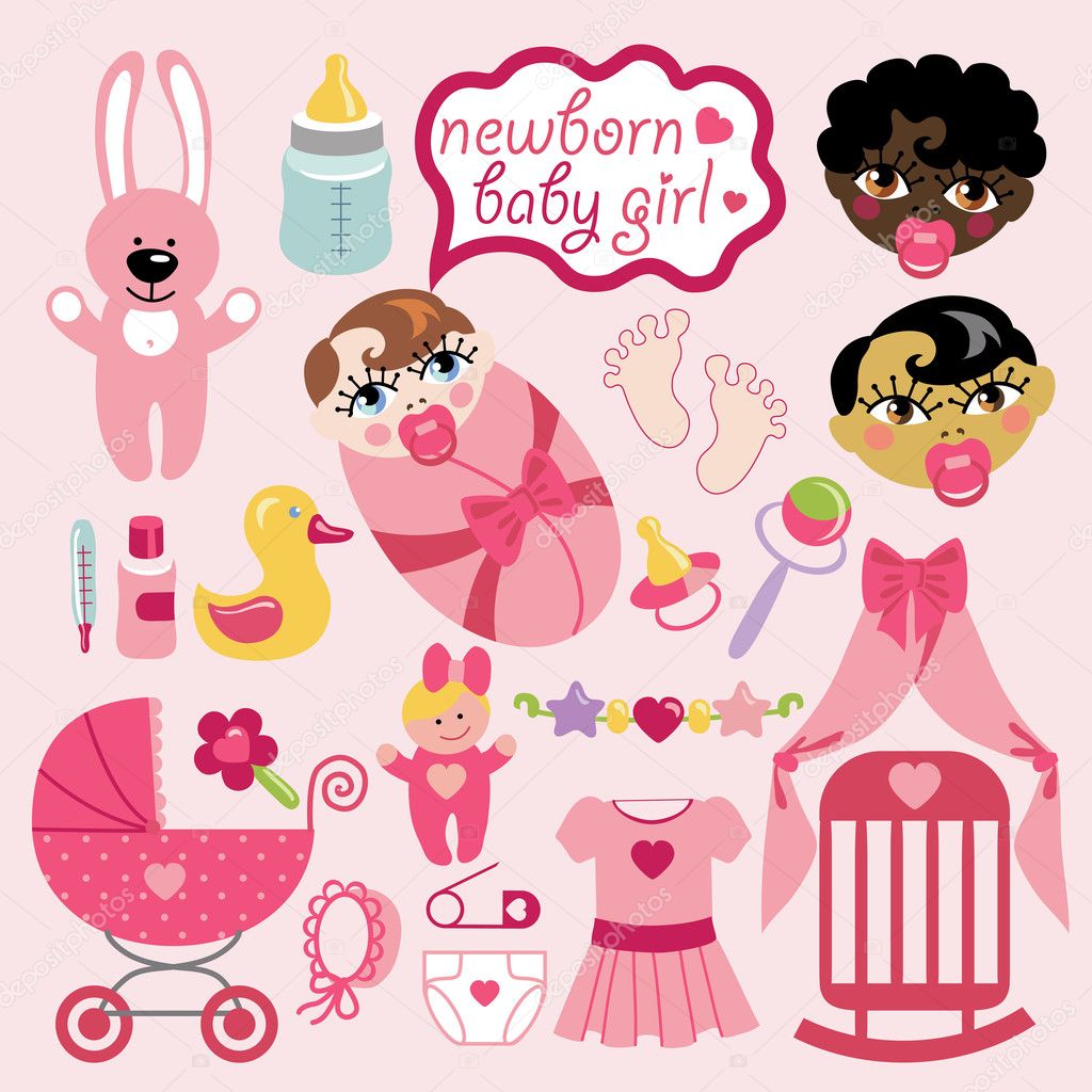 Cute elements for newborn baby girl Asian,European,mulatto