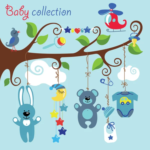 Newborn elements for Baby boy hanging on the tree — Stock Vector