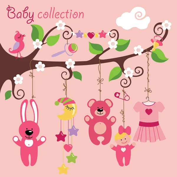 Newborn elements for Baby girl  hanging on the tree — Stock Vector