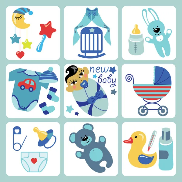 Cute cartoons pictogrammen voor Aziatische pasgeboren babyjongen — Stockvector