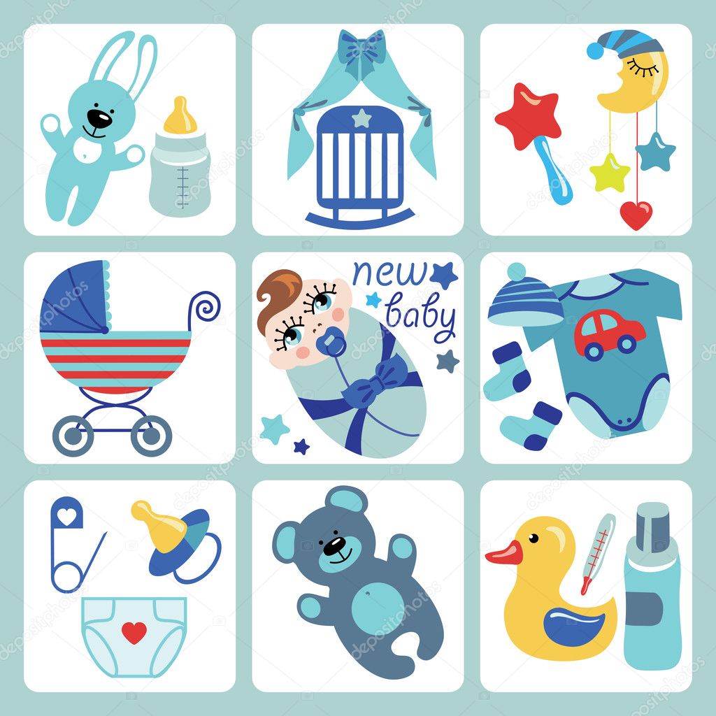 Cute cartoons icons for European newborn baby boy