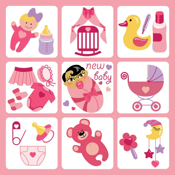 Cute cartoons pictogrammen voor Aziatische pasgeboren babymeisje — Stockvector