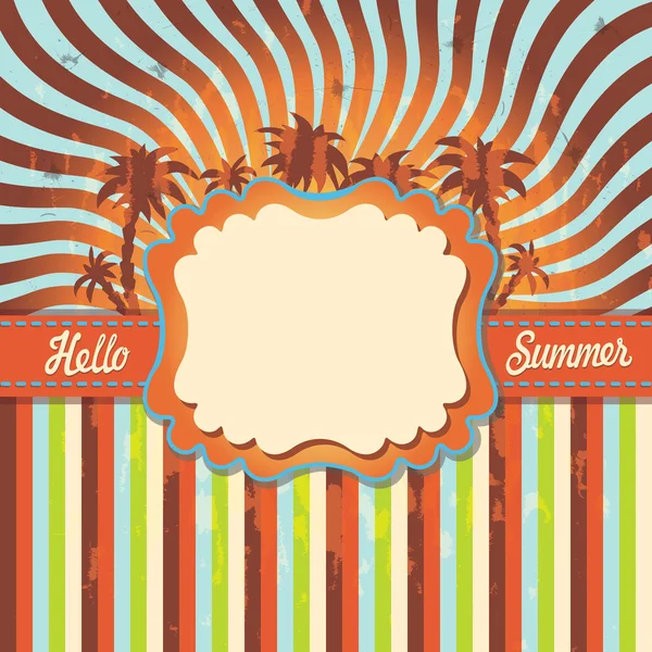 Design template Hello summer with palm tree,strips.Vintage — Stock Vector