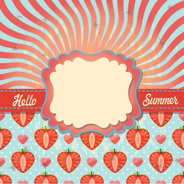 Modèle de conception Bonjour été avec fraise, coeur.Rétro — Image vectorielle