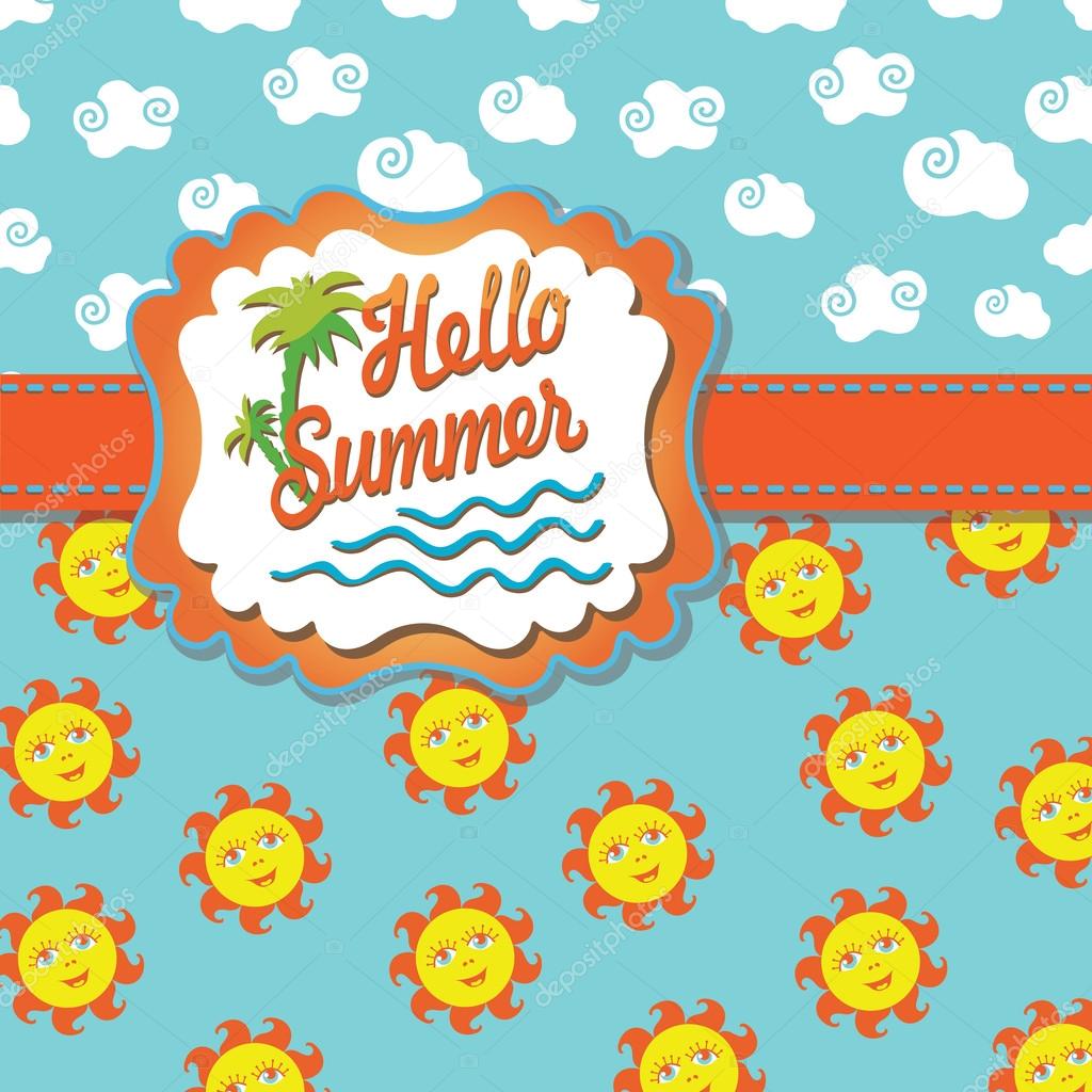 Background Hello summer with cartoon sun and clouds.eps