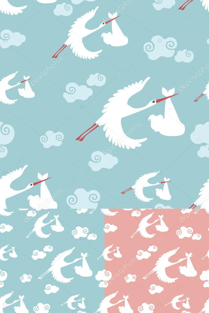 Seamless pattern of stork flying with newborn baby