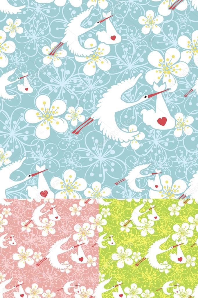 Seamless pattern of stork flying with newborn baby and flowers