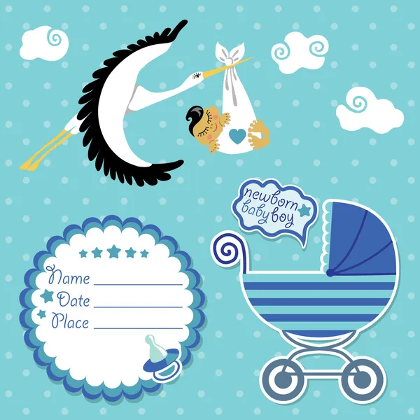 Carte de douche bébé, invitation, album avec cigogne et garçon asiatique — Image vectorielle