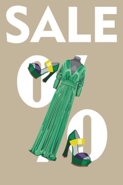 Sale design template.Green party dress and high heeled shoes clipart