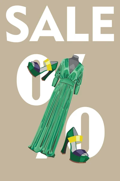 Venta de diseño template.Green vestido de fiesta y zapatos de tacón alto — Vector de stock