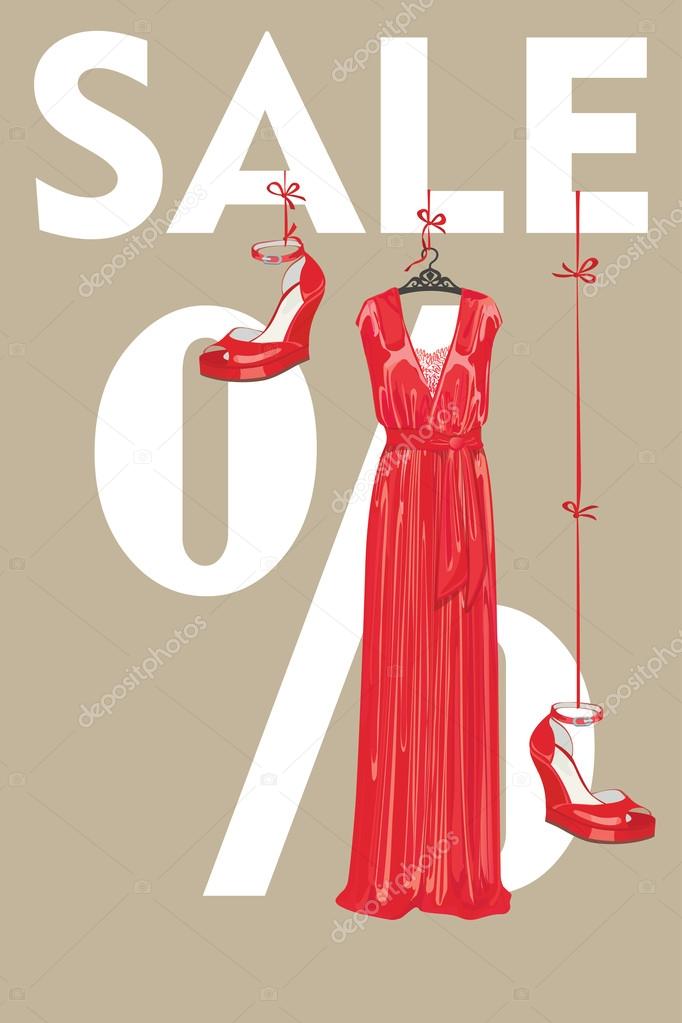 Sale design template.Red party dress and high heeled shoes