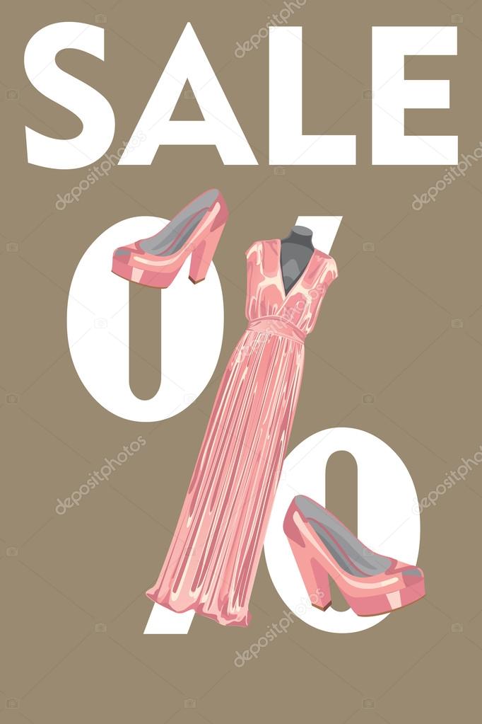 Sale design template.Pink party dress and high heeled shoes