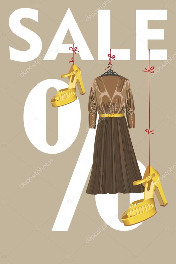 Sale design template.Brown party dress and high heeled shoes