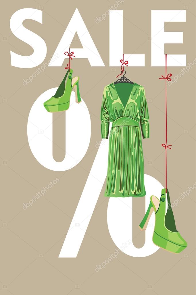 Sale design template.Green party dress with high heeled shoes