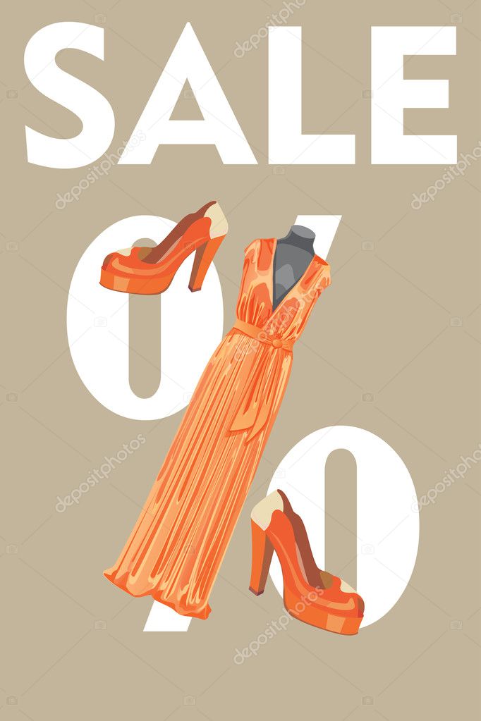 Sale design template.Peach party dress and high heeled shoes