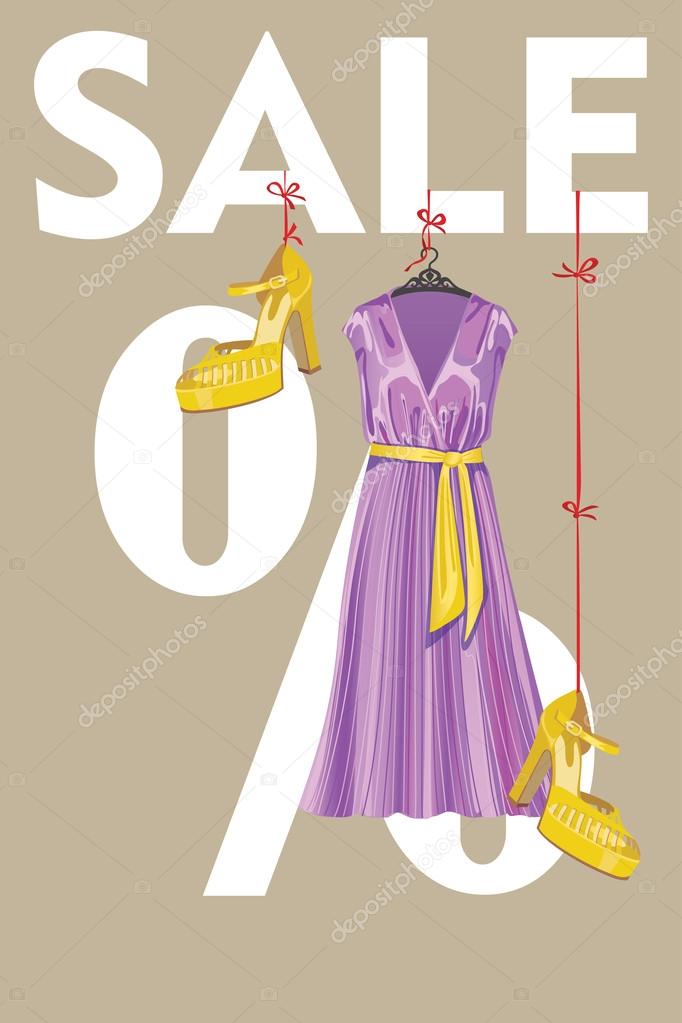 Sale design template.Lilac party dress and high heeled shoes