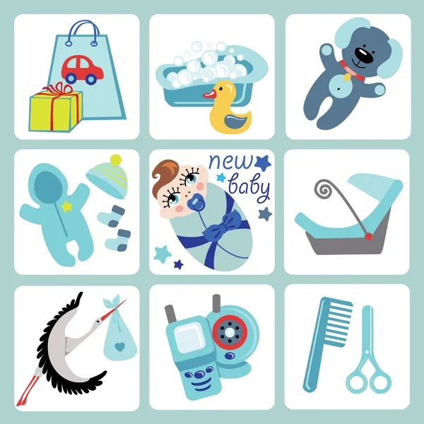 Cute cartoons icons for European baby boy.Newborn set — Stock Vector